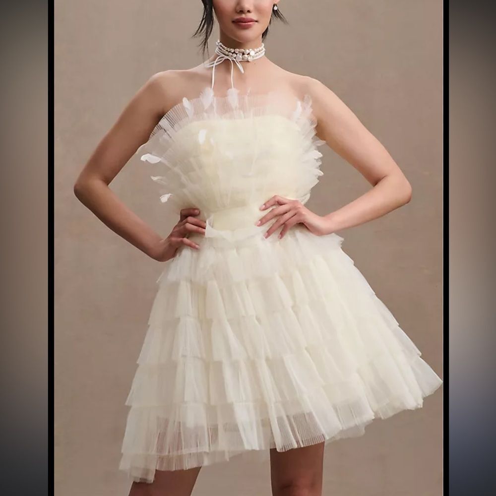 Mac Duggal x BHLDN Daphne Strapless Tiered Tulle Mini Dress in Ivory